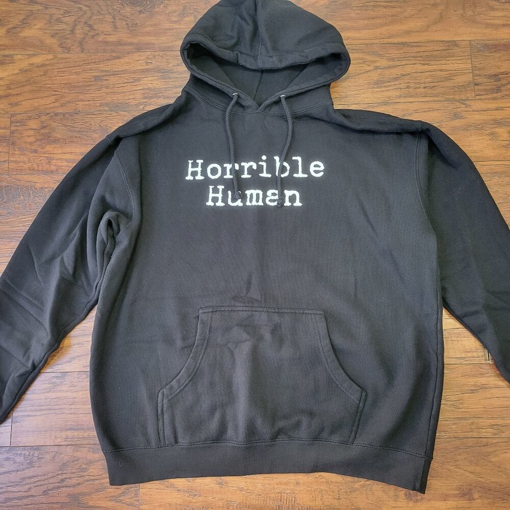 HORRIBLE HUMAN by Caroline Stanbury Black Pullover Hoodie sz XL EUC Autumn Fall